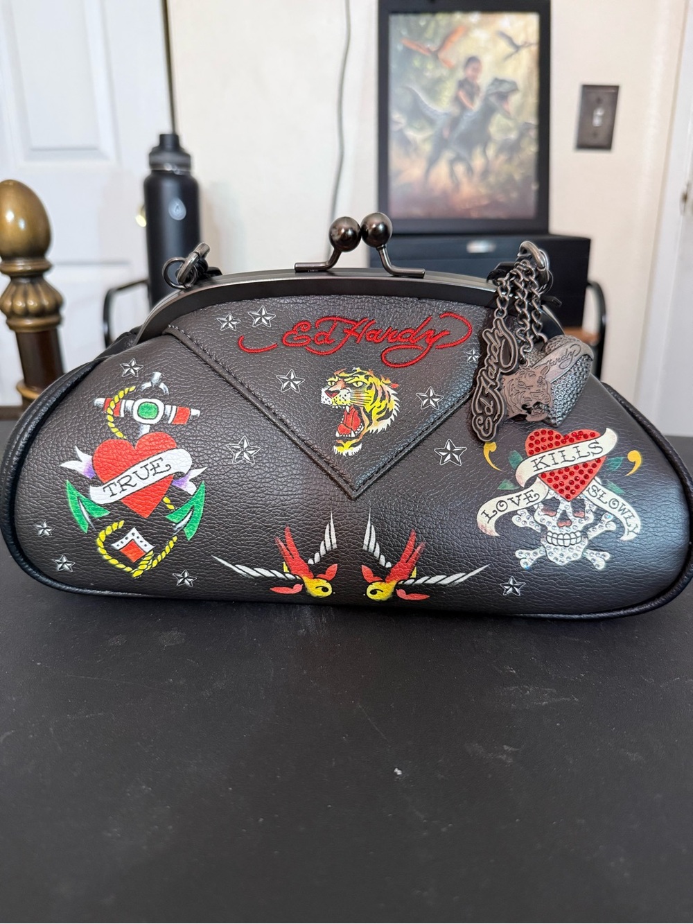 Y2K Ed Hardy Black Tattoo Kiss Lock Handbag Purse W/3 Pendants New with Tags
